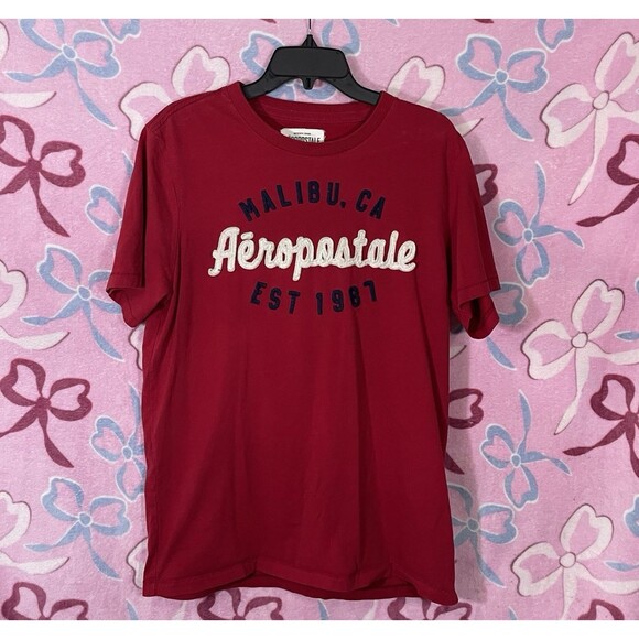 Y2k Mens Embroided Stitch Aeropostale Mailbu Graphic Red Shirt Size Large - Picture 1 of 7